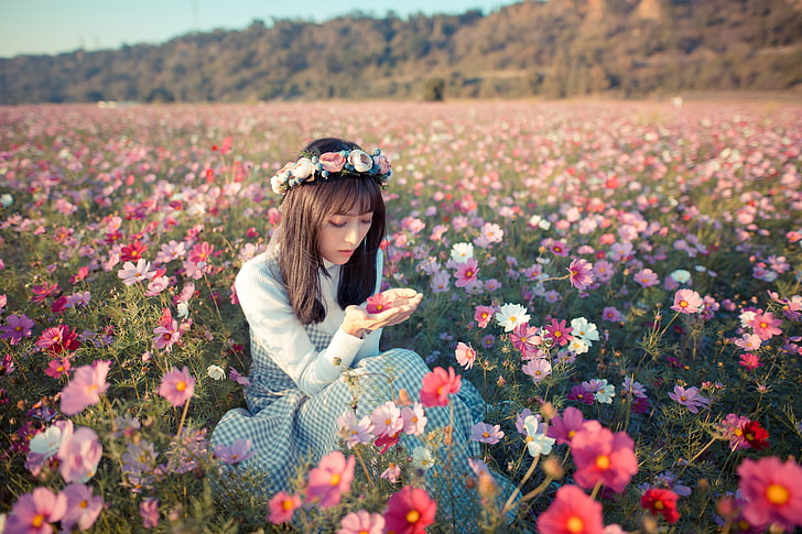 asian, depth, field, flower, girl, model, mood, pink, summer, white, woman, wreath, HD wallpaper