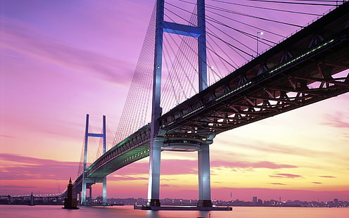 Japan Yokohama Bridge, dusk, golden gate bridge, Japan, Yokohama, Bridge, Dusk, HD wallpaper HD wallpaper