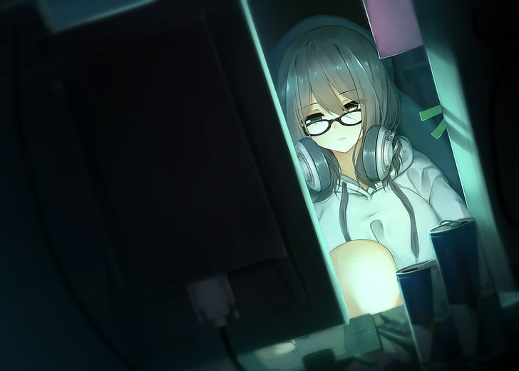 аниме девушка, компьютер, очки, гарнитура, шатенка, толстовка, аниме, HD обои