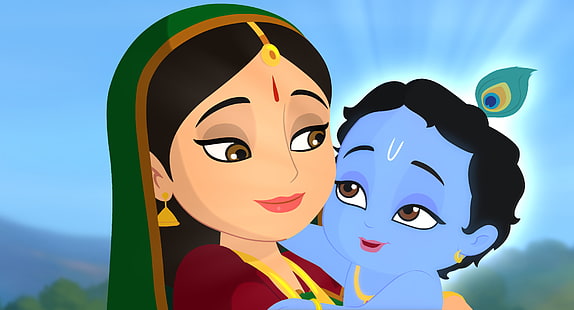 Wenig Krishna und Yasoda, Frau, die Kindervektorkunst, Festivals / Feiertage, Janmashtami, Festival, Feiertag hält, HD-Hintergrundbild HD wallpaper