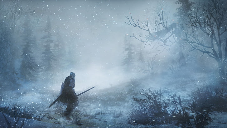 рыцарь цифровые обои, Dark Souls III, Dark Souls, видеоигры, рыцарь, меч, лес, деревья, снег, HD обои