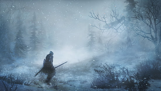 fondo de pantalla digital de caballero, Dark Souls III, Dark Souls, videojuegos, caballero, espada, bosque, árboles, nieve, Fondo de pantalla HD HD wallpaper