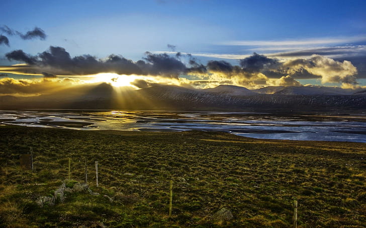 Фьорд Закат, лед, Исландия, фьорд, закат, 3d и аннотация, HD обои