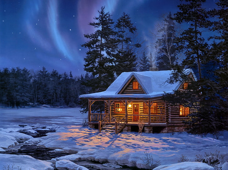 коричневый деревянный декор дома, зима, лес, вода, звезды, свет, снег, ночь, дом, огни, ручей, деревянный, живопись, бревно, Даррелл Буш, вечернее представление, HD обои