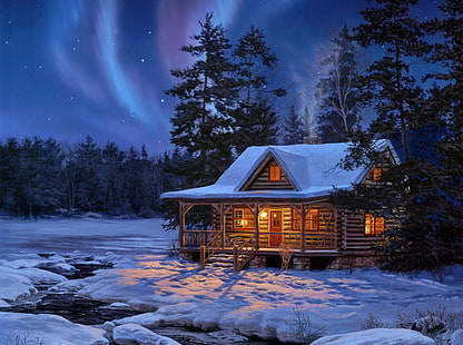brun trähusdekor, vinter, skog, vatten, stjärnor, ljus, snö, natt, hus, ljus, ström, trä, målning, logg, Darrell Bush, kvällsprestanda, HD tapet HD wallpaper