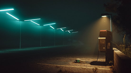 cyberpunk, electricidad, luces, oscuridad, Simon Stålenhag, Fondo de pantalla HD HD wallpaper