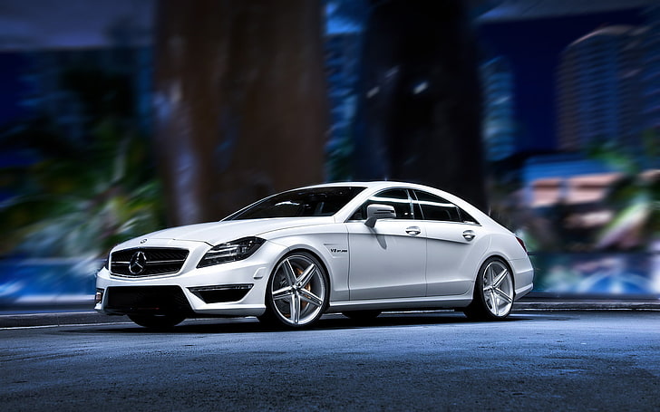 srebrny Mercedes-Benz sedan, biały, tuning, tapeta, Mercedes, autowalls, Mercedes Benz CLS, zdjęcia hd, Tapety HD
