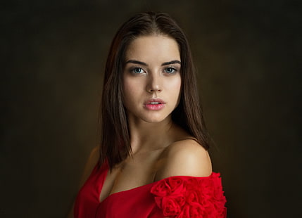 kadın kırmızı kolsuz bluz, kadınlar, Tatyana Kozelkina, Maxim Maximov, portre, esmer, HD masaüstü duvar kağıdı HD wallpaper