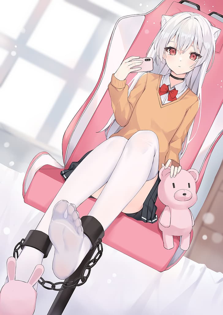 anime, feet, skirt, white stockings, HD wallpaper