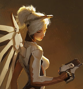 белые крылатые женские персонажи цифровые обои, Overwatch, Мерси (Overwatch), HD обои HD wallpaper