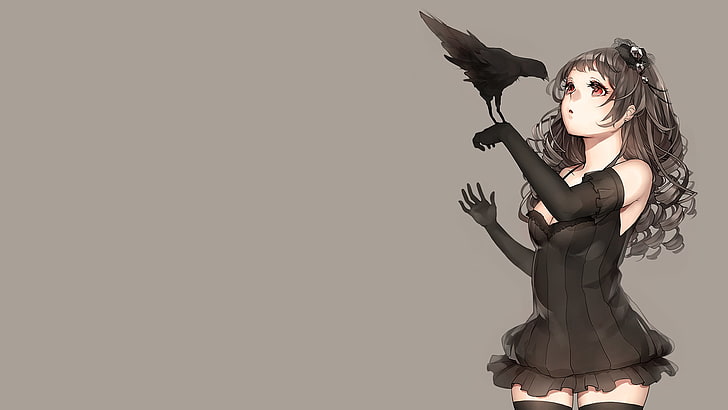 женский персонаж аниме в черном платье, аниме, аниме девушки, простой фон, ворона, птицы, черные волосы, длинные волосы, красные глаза, платье, оригинальные персонажи, отдельные рукава, HD обои