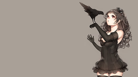 female anime character wearing black dress, anime, anime girls, simple background, crow, birds, black hair, long hair, red eyes, dress, original characters, detached sleeves, HD wallpaper HD wallpaper