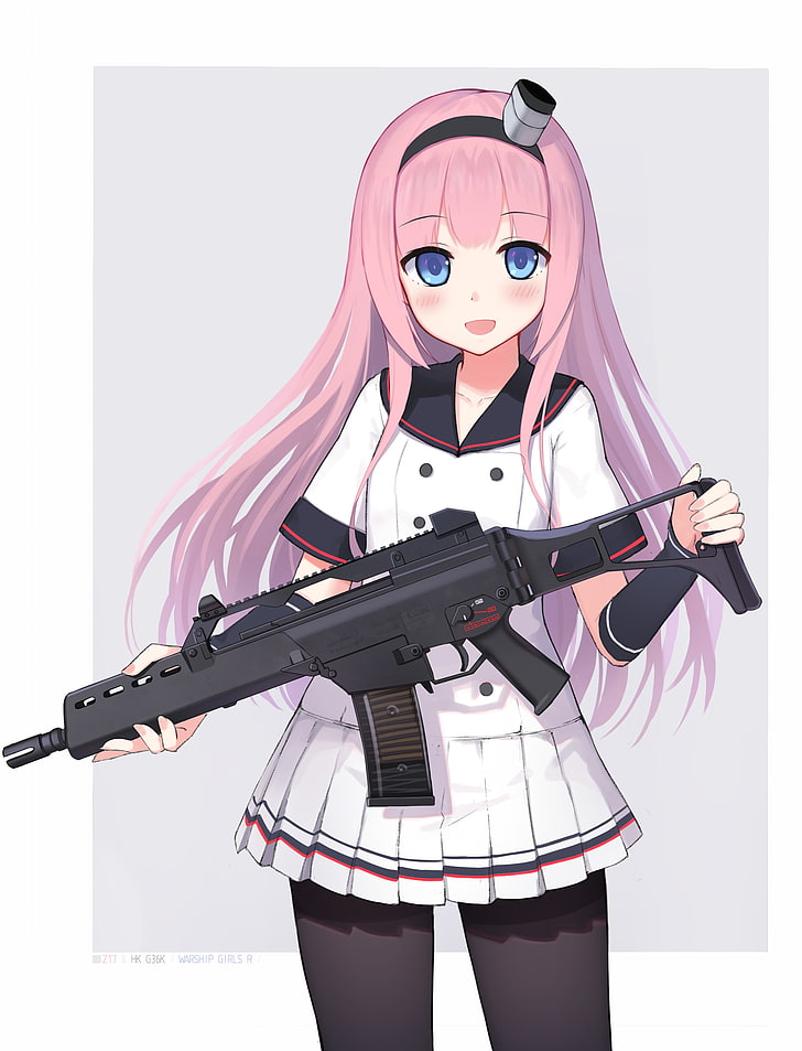 anime girl, gunner, miltary, pink hair, smile, Anime, HD wallpaper