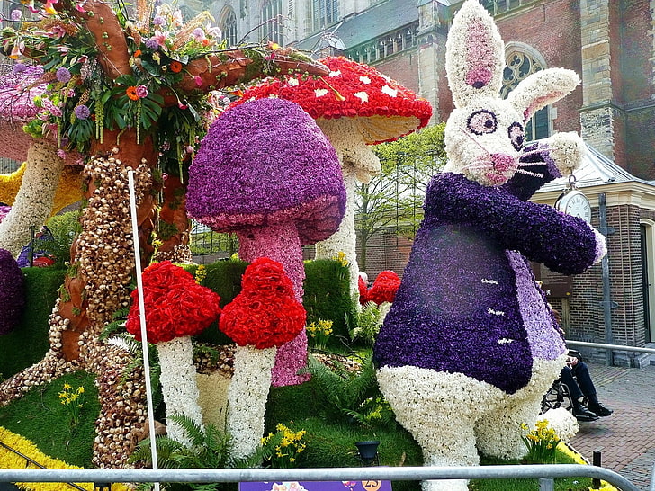 топиарий пурпурно-белого декора, цветы, кролик, грибы, газон, мультяшка, красочно, HD обои