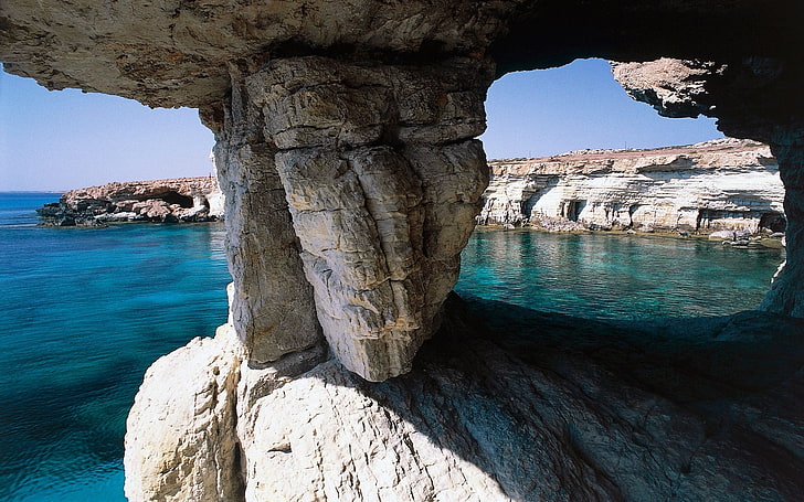 Cueva, roca, mar, acantilado, Chipre, playa, isla, naturaleza, paisaje, Fondo de pantalla HD