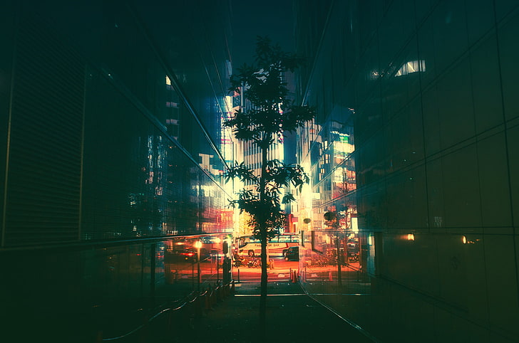 silhueta da árvore, Japão, noite, néon, Masashi Wakui, HD papel de parede