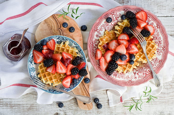 waffles, blueberries, blackberries, breakfast, HD wallpaper