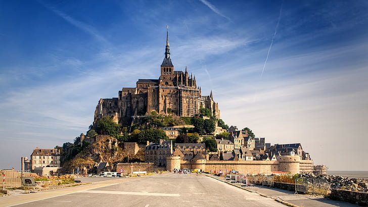 Slott, Mont Saint-Michel, Mont St Michel i Paris, Frankrike, Normandie, Slott, Mont Saint-Michel, himlen, HD tapet