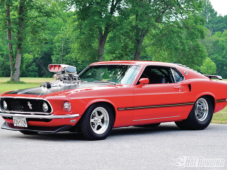 1969, blower, blown, cars, drag, engine, ford, hot, mach i, muscle, mustang, orange, racing, red, rods, HD wallpaper