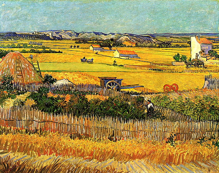 Винсент Ван Гог с Монтмаджором на заднем плане, урожай в Ла Кро, HD обои