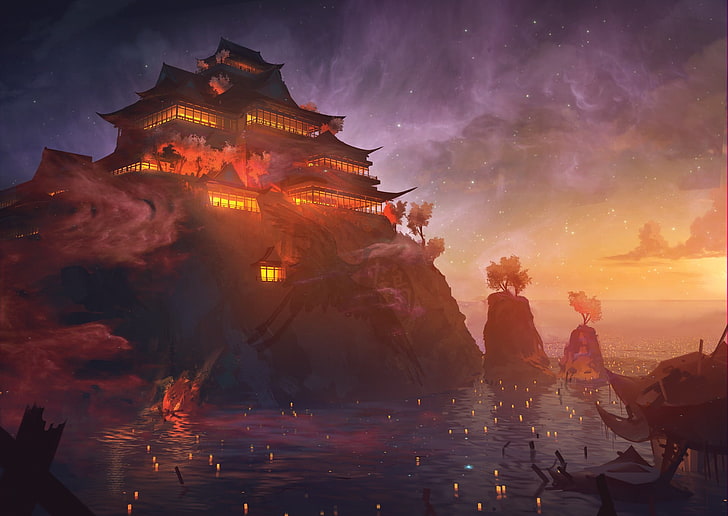 temple above body of water with candles digital wallpaper, fantasy art, stars, sea, sunset, lights, trees, castle, HD wallpaper