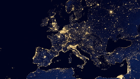 europe, space photography, 8k uhd, earth observatory, black marble, continent, blue marble, ocean, map, mediterranean, nasa, light pollution, world, darkness, space, planet, earth, satellite imagery, night, city lights, HD wallpaper HD wallpaper