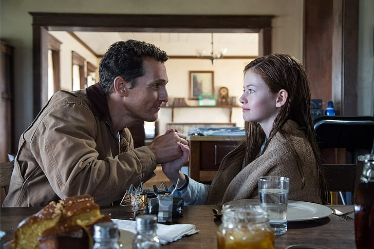 Cooper, Girl, House, Legendary Pictures, Table, Year, Room, Man, Movie, Paramount Pictures, Film, 2014, Adventure, Sci-Fi, Warner Bros. Pictures, Matthew McConaughey, Interstellar, Mackenzie Foy, Murph, Father, Daughter, Hand in hand, HD wallpaper