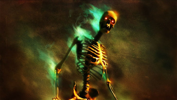 digitale Kunst dunkler Verräter Schädel Skelett rote Augen brennende glühende glühende Augen Videospielknochen, HD-Hintergrundbild