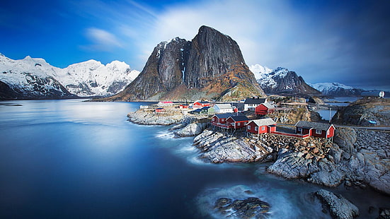 góra scenerii, hamnoy, natura, europa, spadła, skała, krajobraz, ukształtowanie terenu lodowcowego, zima, fiord, jezioro, pasmo górskie, niebo, Norwegia, formy terenu górskiego, góra, Lofoty, Tapety HD HD wallpaper