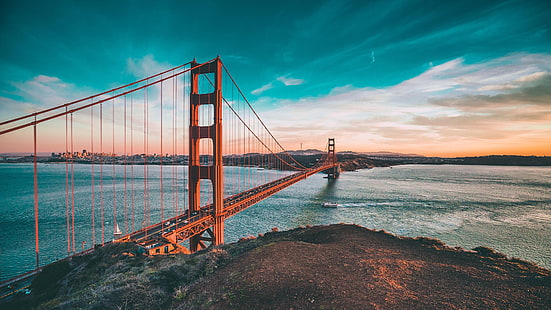 空、地平線、ゴールデンゲートブリッジ、橋、雲、サンフランシスコ、朝、水、カリフォルニア、穏やかな、アメリカ合衆国、日没、夜明け、夜、サンフランシスコ湾、湾、 HDデスクトップの壁紙 HD wallpaper