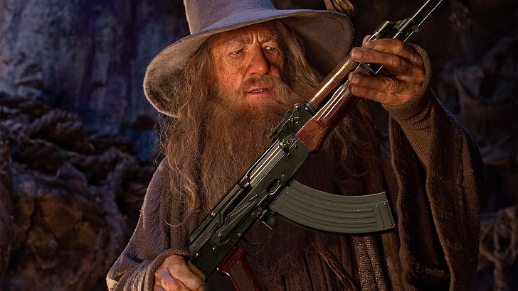 black hunting rifle, The Lord of the Rings, Gandalf, photo manipulation, humor, AKM, HD wallpaper