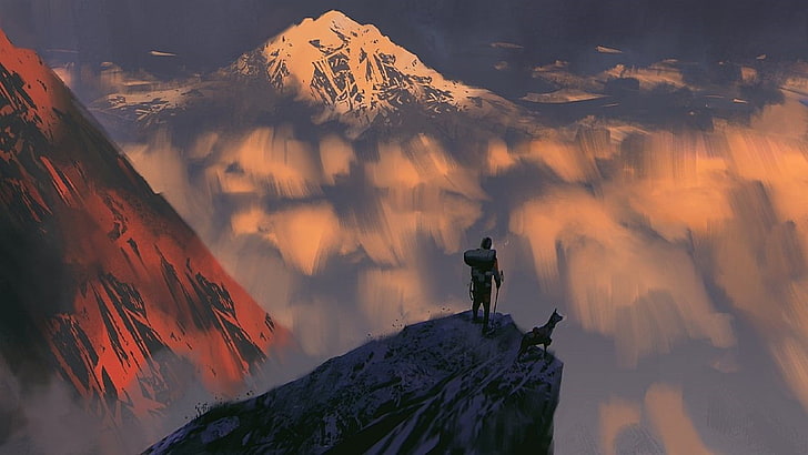 رجل على الجبل أثناء النهار ، فن الخيال ، عمل فني، خلفية HD