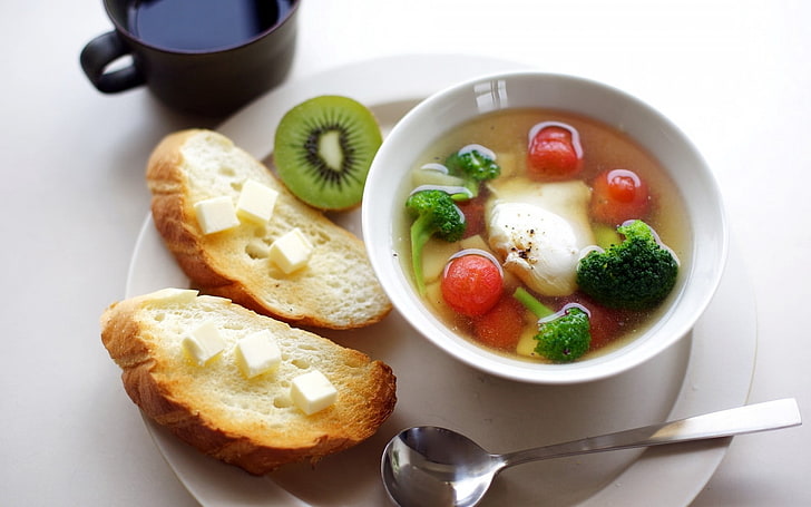 okrągła biała ceramiczna miska, zupa, warzywa, olej, Tapety HD