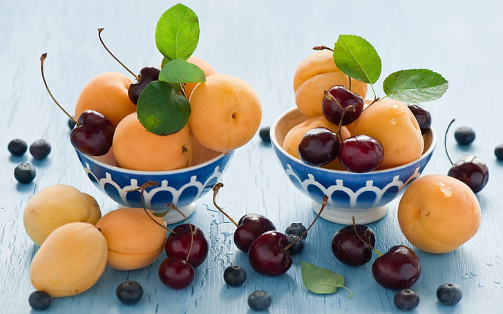 blueberries, fruit, apricot, cherry, leaves, bowls, HD wallpaper