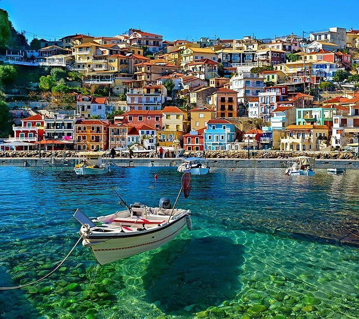 vit roddbåt, natur, Grekland, HD tapet
