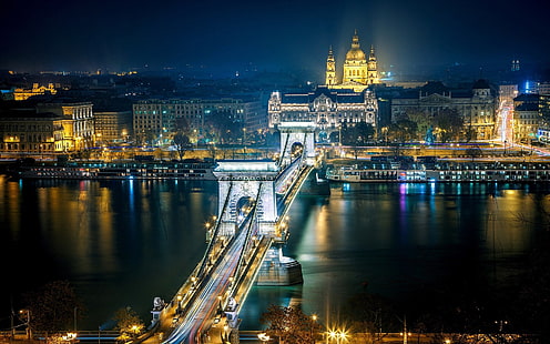 Szechenyi Chain Bridge, Budapest, Hongrie, le Danube, nuit de la ville, lumières, Szechenyi, Chain, Bridge, Budapest, Hongrie, Danube, rivière, ville, nuit, lumières, Fond d'écran HD HD wallpaper