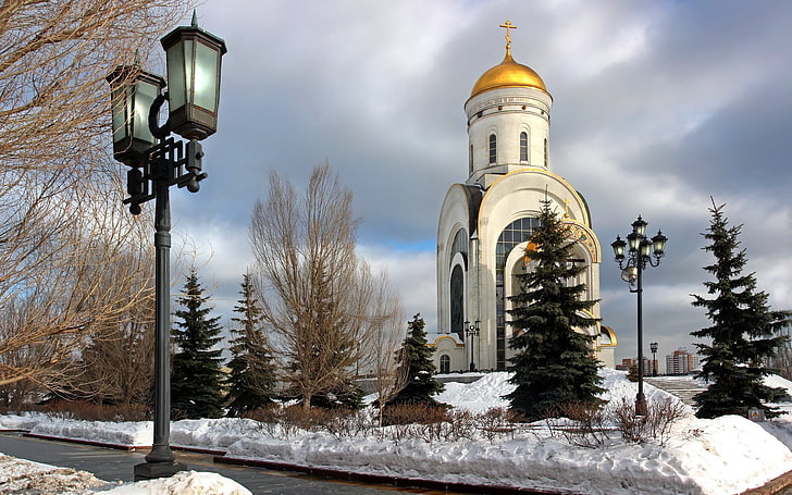 裸の木、ジョージ寺院、寺院、都市、モスクワ、ロシア、冬、 HDデスクトップの壁紙