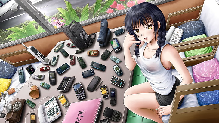 blue haired female anime character, anime, girl, mobile phones, HD wallpaper