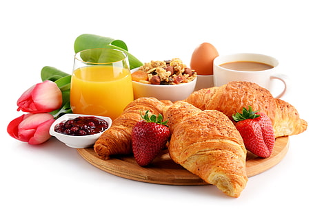 Храна, закуска, кафе, кроасан, сок, ягода, Viennoiserie, HD тапет HD wallpaper