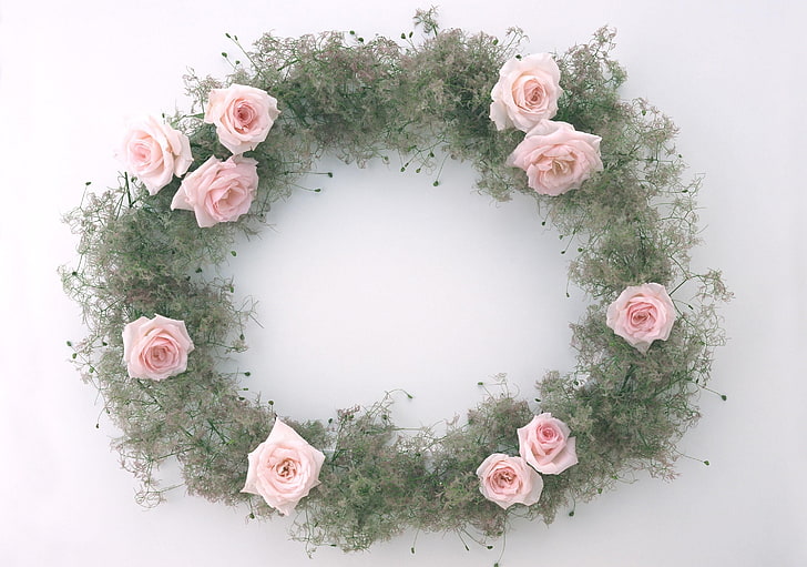 pink and green wreath, rose, buds, wreath, composition, HD wallpaper