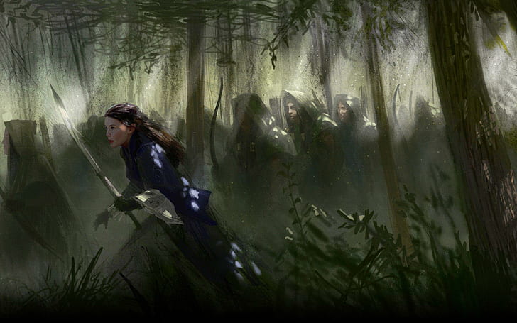 Arwen - The Lord of The Rings, painting of woman with sword in forest with army, movies, 1920x1200, liv tyler, the lord of rings, lotr, arwen, HD wallpaper