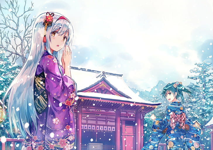 anime girls anime shoukaku kancolle kantai collection zuikaku kancolle winter snow kimono japanese clothes traditional clothing shrine, HD wallpaper