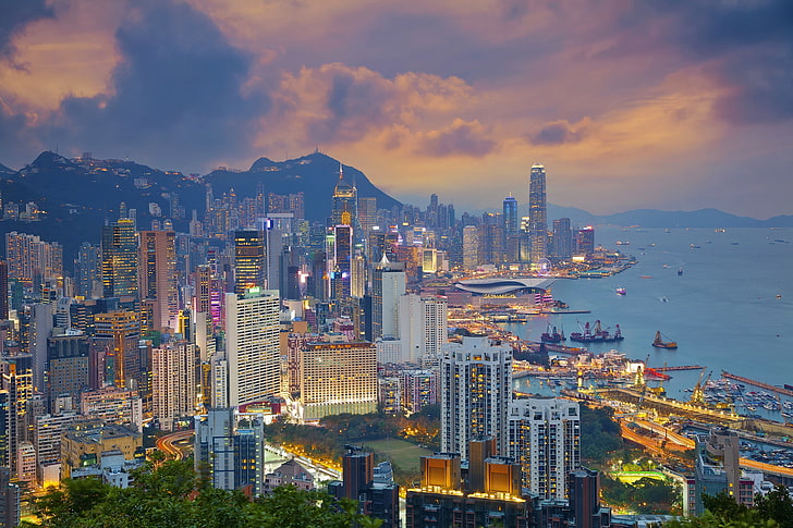море, крайбрежие, Китай, сграда, Хонконг, пристанище, панорама, нощен град, небостъргачи, Виктория Харбър, Виктория Харбър, HD тапет
