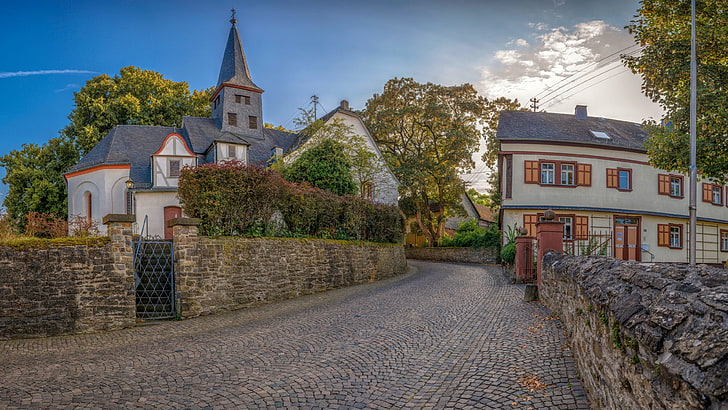 church, cobblestone, town, street, house, cottage, cobble stones, wall, village, cobble stone, europe, miehlen, germany, HD wallpaper