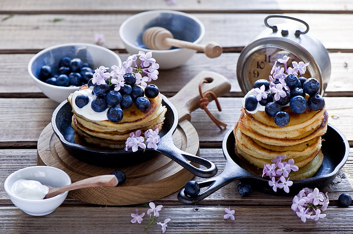 berries, Breakfast, blueberries, pancakes, sour cream, Anna Verdina, HD wallpaper