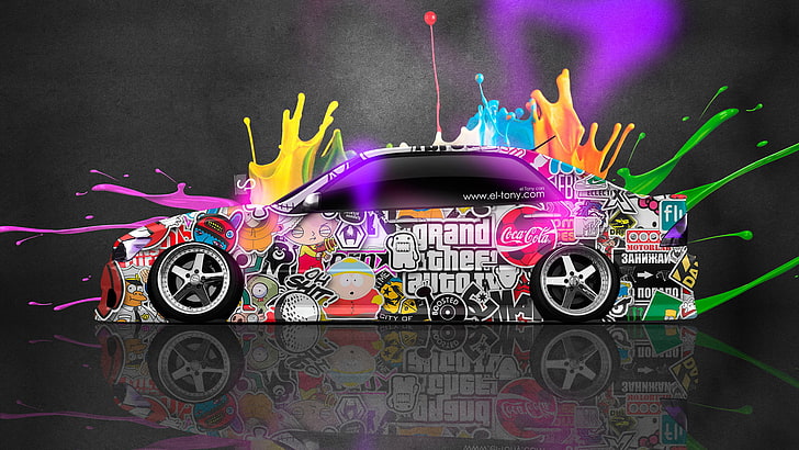 multicolored GTA sedan digital wallpaper, Neon, Toyota, Paint, Photoshop, Abstract, Height, Side, JDM, Brightness, el Tony Cars, Tony Kokhan, Multicolors, Altezza, HD wallpaper
