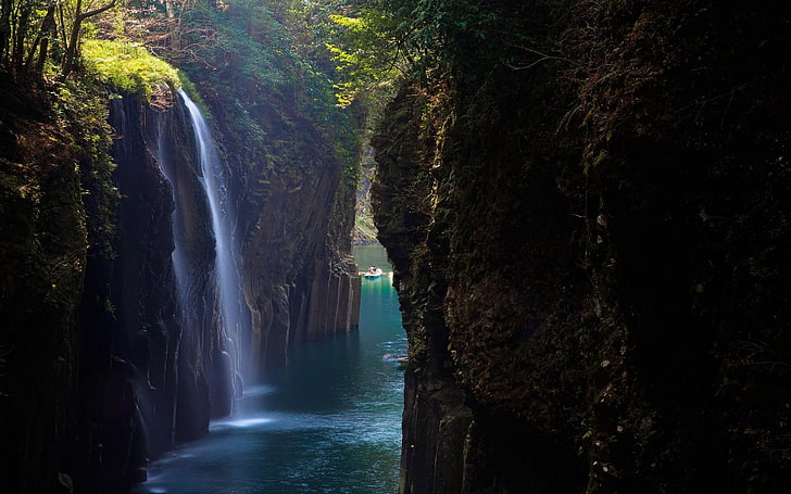 wodospady, wodospad, krajobraz, kanion, przyroda, Japonia, krzewy, łódka, błękit, Tapety HD