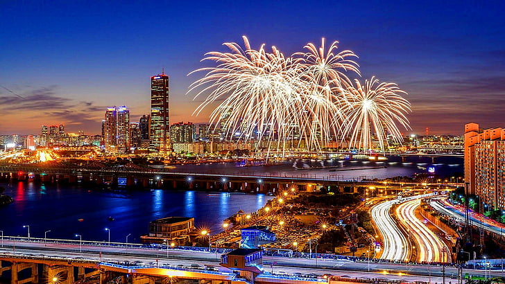 feux d'artifice, festival, ville, lumières de la ville, paysage urbain, vie, métropole, ciel, ligne d'horizon, Séoul, nuit, Corée du Sud, Fond d'écran HD