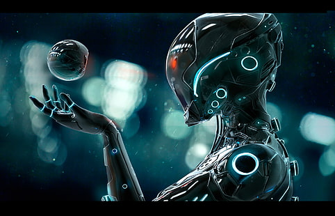 회색 로봇 벽지 스크린 샷, 사이버 펑크, 디지털 아트, 미래, HD 배경 화면 HD wallpaper