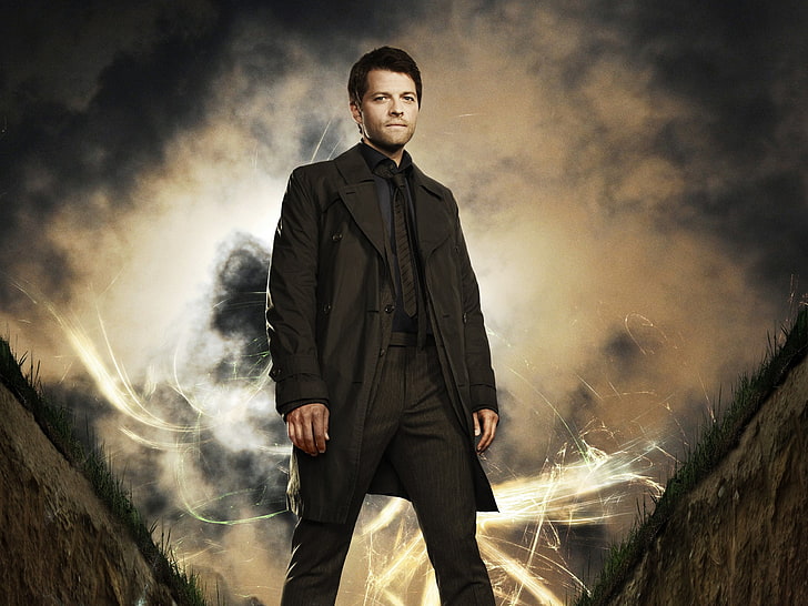 men's black formal caot, Angel, Supernatural, Castiel, Misha Collins, Cass, the messenger and the servant of the Lord, The General of the angelic military, HD wallpaper